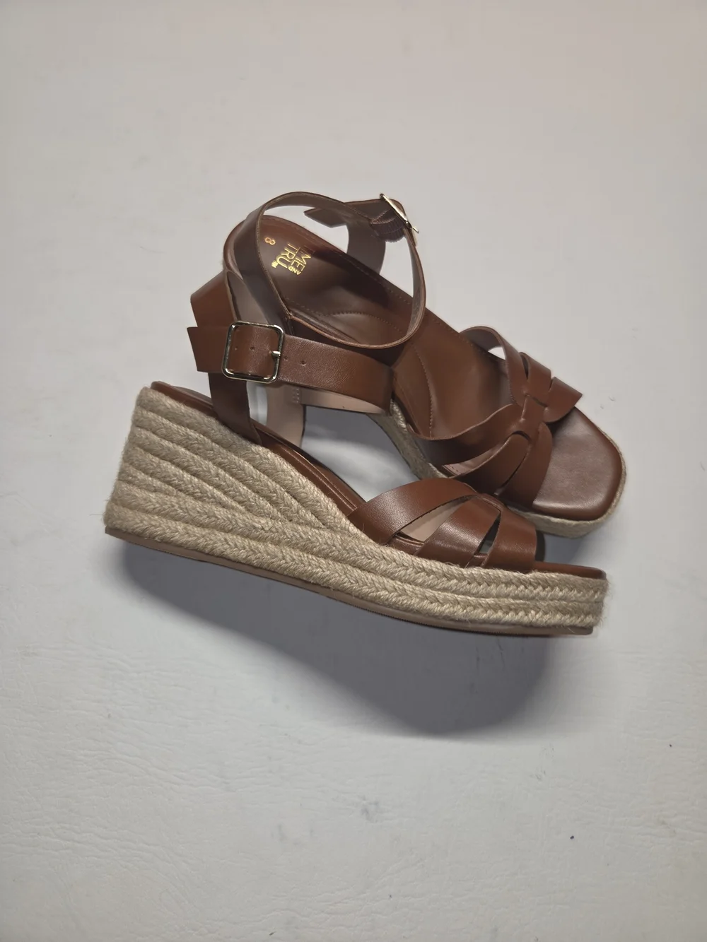 Brown Leather Platform Wedge Sandals with Ankle Strap